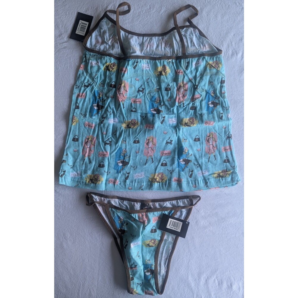 Dangerous Duds Sz S Cami Top & Panty Set Blue Diva Girlfriend Print Cotton